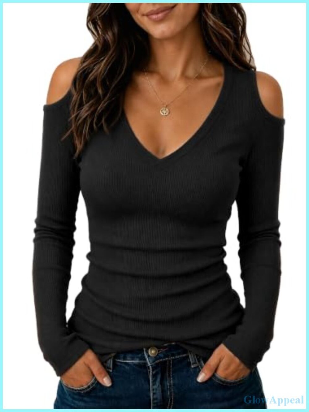 Women Long Sleeve V Neck Cold Shoulder Ribbed Slim Fit Tunic Top